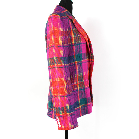 Ralph Lauren Woven Plaid Blazer Multicolor Pink Silk Wool Single Breasted Sz 14 - Picture 2 of 6